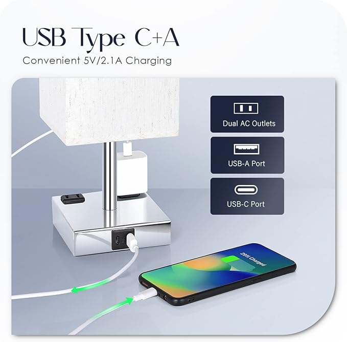 Bedside Lamp with USB Ports - Touch Control Table Lamp for Bedroom with USB C+A Charging Ports & AC Outlets, 3 Way Dimmable Nightstand Light for Living Room (LED Bulb Included, Chrome - Flaxen)