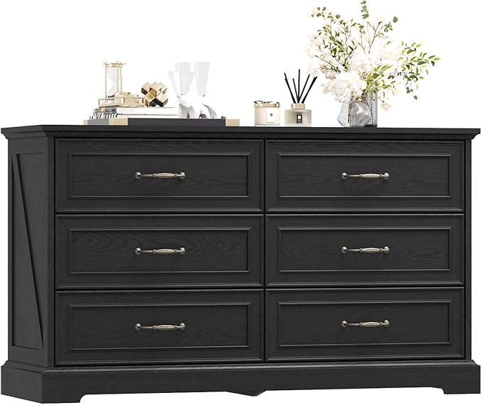 Dresser for Bedroom with 6 Drawer, Farmhouse Dresser for Closet, 47'' Wide Rustic Wooden Chest of Drawers with Natural Wood Texture, Vintage Storage Organizer for Living Room, Hallway, Black