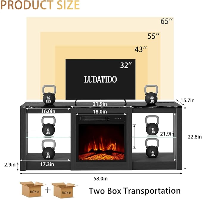 Ludatido 58 Inch TV Stand with 18 inch Fireplace Insert LED Light Entertainment Center Electric Fireplace TV Stand with USB&AC Power Interface for Living Room/Bedroom/Media Room Use(Black)