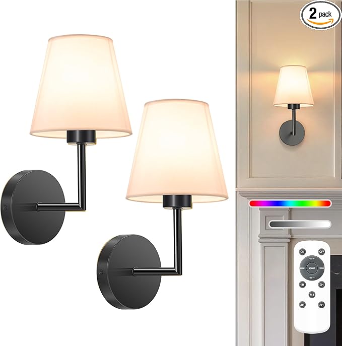 NIORSUN 13.8 inch Battery Operated Wall Sconce Set of 2,Black Rechargeable Wall Lights with 5200mAh Dimmable Detachable Bulbs and Remote,9 Colors Wireless Sconces for Bedroom Living Room Hallway