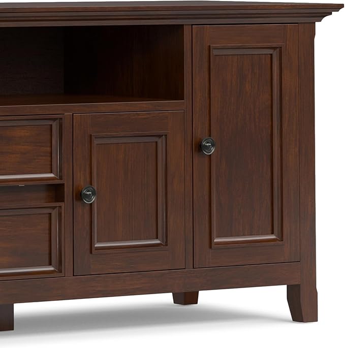 SIMPLIHOME Amherst 72-inch Wide Solid Wood TV Stand in Russet Brown, Transitional-Style Media Console for Living Room with Cable Management and Adjustable Shelves, Fits 80" TVs