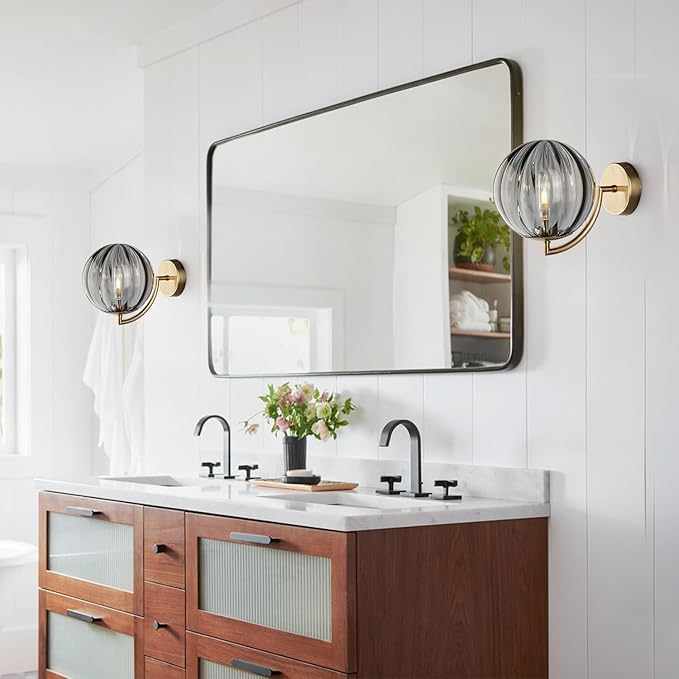 KCO Lighting Mid Century Modern Wall Mount Light Gold Wall Sconces Set of 2 Vintage Smoked Glass Wall Sconces Set of Two Farmhouse Bathroom Vanity Light Fixtures Brass Wall Sconce Globe Lamp