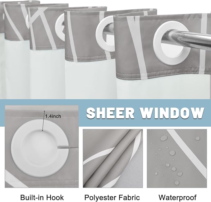 No Hook Light Grey Striped Shower Curtain with Snap in Liner Set - Hotel Shower Curtain and Liner Set with See Through Mesh Top Window,Machine Washable, 71x74 INCH