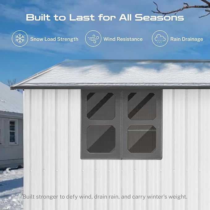 12 x 10 FT Outdoor Storage Shed with Floor, Metal Garden Tool Shed with Vents,Windows,Slooping Roof and Lockable Doors, All-Weather Bike Shed Easy to Assemble for Backyard, Patio, Lawn, White