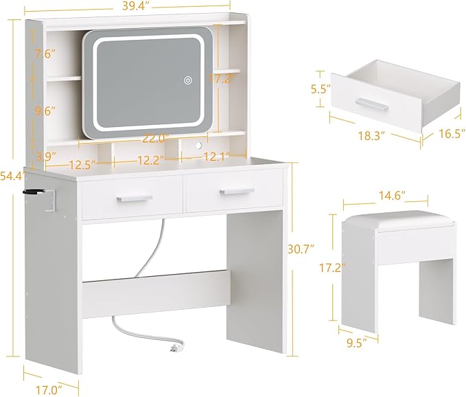 Vanity Desk with Sliding Mirror and Light,39 inch Makeup Vanity with Chair,2 Drawers,Power Outlet & Storage Shelves,3 Lighting Modes,Makeup Table Stool Set for Bedroom,White