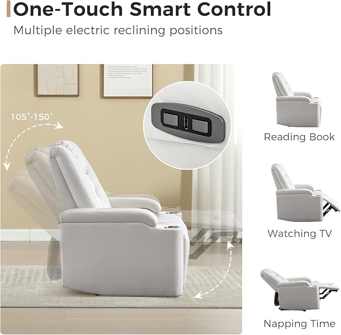 ANJ White Power Recliner Chair Electric Home Theater Seating Soft Leather Movie Chair for Living Room Overstuffed Single Reclining Sofa with Hidden Arm Storage, Cup Holders and USB Ports (Cream White)