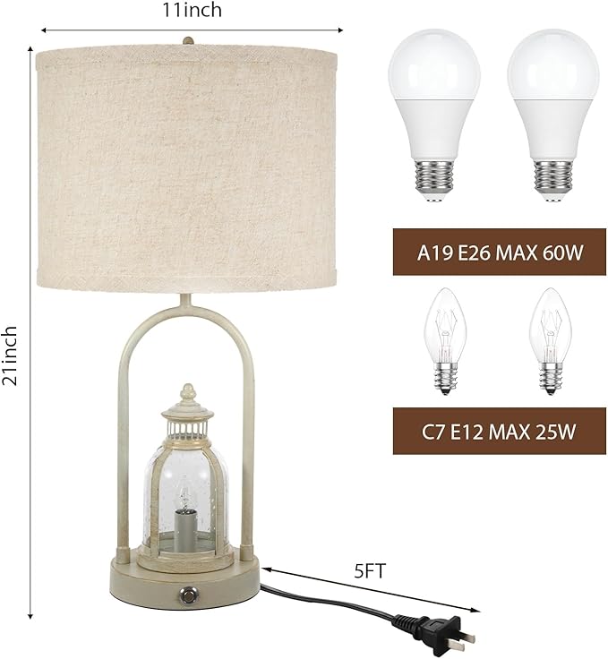 Farmhouse Lantern Table Lamps for Living Room Set of 2,Rustic Vintage Bedroom Nightstand Beside Desk Lamp with 2 USB Charging Ports,Dimmable Touch Night Light,4 Bulbs Included (White)