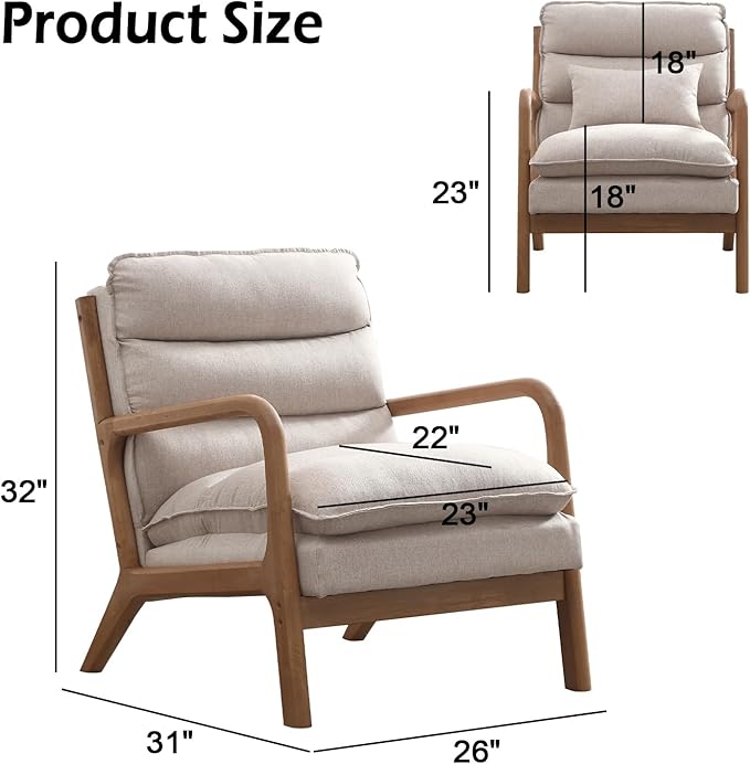 INZOY Accent Chairs Set of 2, Mid Century Modern Accent Chair with Wood Frame, Upholstered Reading Armchair with Waist Cushion, Side Chair for Living Room Bedroom Office, Easy Assembly, Beige
