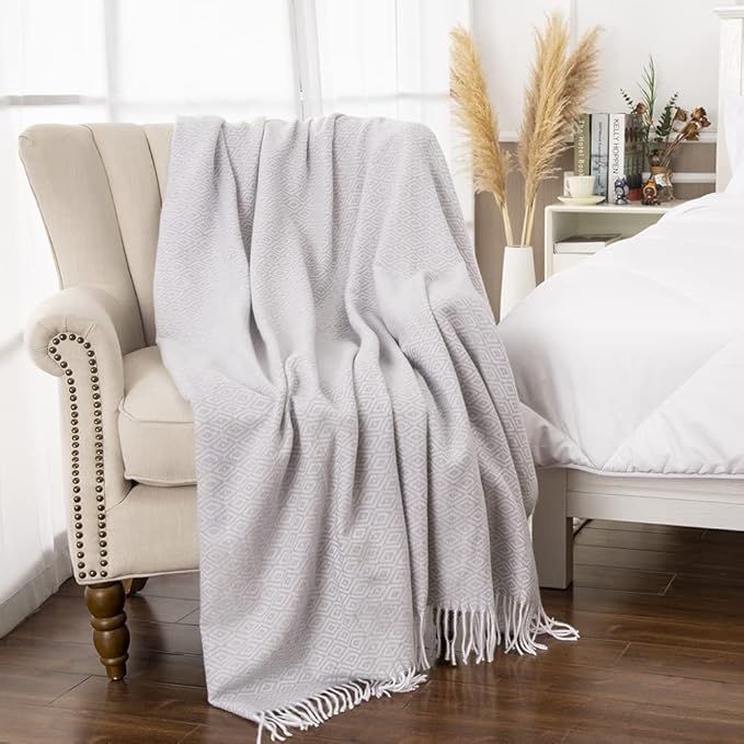 Gealaek Decorative Diamond Lattice Faux Cashmere Throw Blanket Light Grey Fringe Lightweight Fuzzy Soft Cozy Throws for Sofa Bed Farmhouse Throw Blanket 50" x 60"