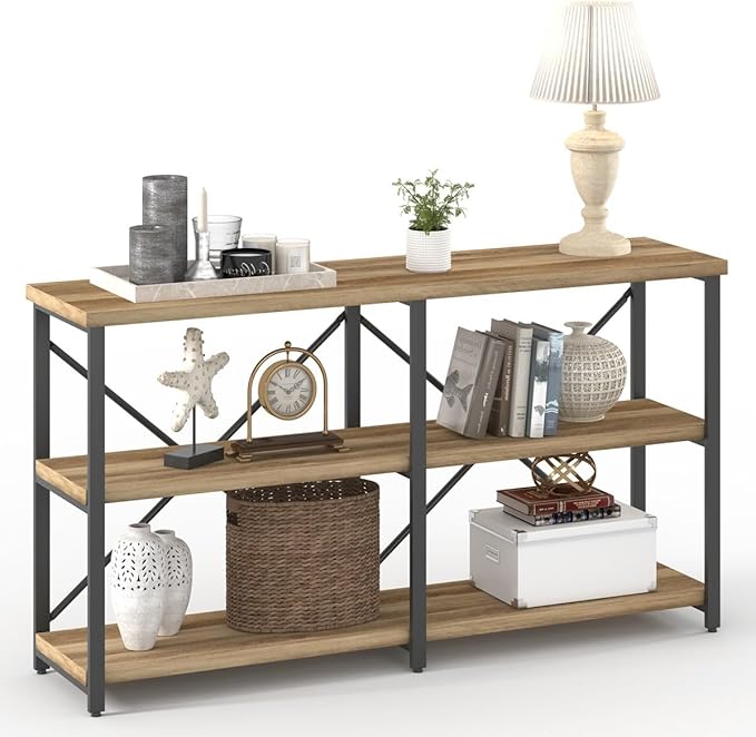 BON AUGURE Console Tables for Entryway, Industrial Sofa Table Behind Couch, 3 Tier Hallway Table for Foyer, Horizontal Bookshelf for Living Room (55 Inch, Vintage Oak)