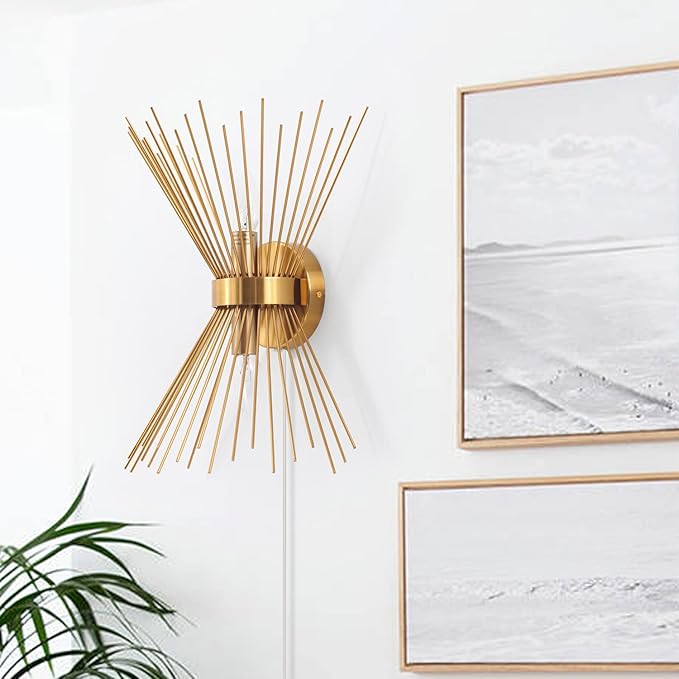 VILUXY Mid-Century Plug in Wall Sconces Antique Brass Brush Paint Finish with Starburst Shade and ON/Off Switch Cord for Bedside, Bedroom, Hallway, Entryway, Passway, Vanity 2 Pack