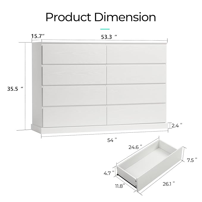 LINSY HOME 8 Drawer Dresser for Bedroom, 53" Wide Chest of Deep Drawers, Modern Farmhouse TV Stand Dressers with Storage, Large Drawer Organizer for Bedroom, Living Room, Handless Design, White