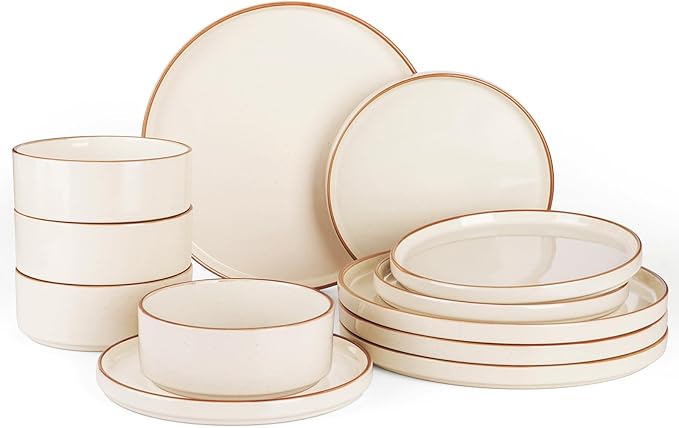 Famiware Nebula Plates and Bowls Sets for 4, 12 Pieces Stoneware Dinnerware Set, Microwave and Dishwasher Safe Dishes Set, Vanilla White with Brown Rim