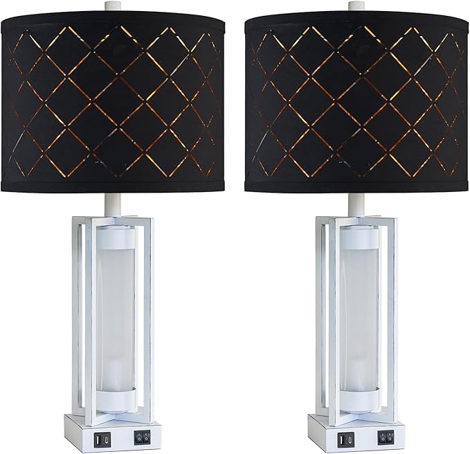 RORIANO 25" Set of 2 Farmhouse Table Lamps with USB C+A Ports, Rustic Retro Nightstand Lamps with White Night Light, Black Grid Shade, Desk Lamps for Bedroom Bedside, 4 Bulbs Included