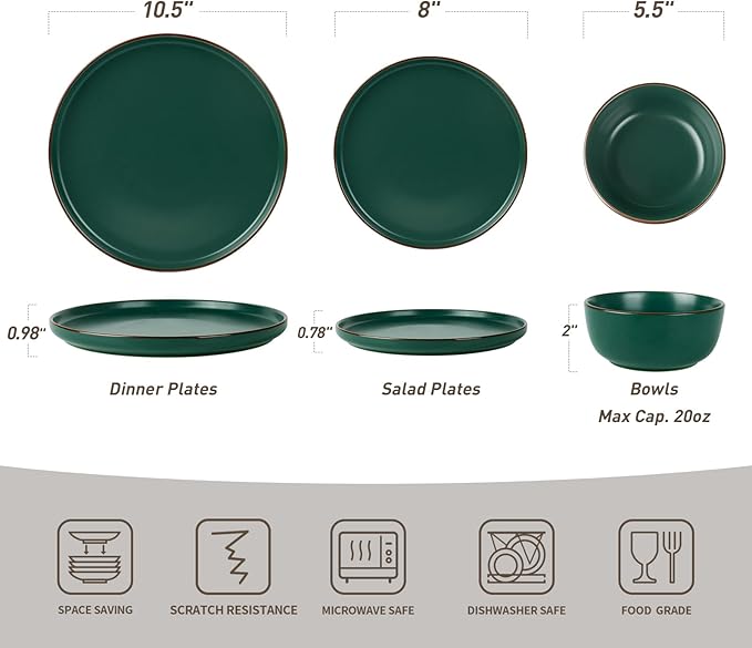 Famiware Mercury Plates and Bowls Sets, 12 Pieces Stoneware Dinnerware Sets, Dishes Set for 4, Microwave and Dishwasher Safe, Dark Green