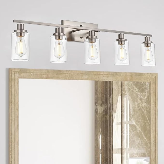 MELUCEE 5-Light Bathroom Vanity Light Brushed Nickel Wall Sconce Modern Light Fixtures Wall Mount with Clear Glass Shade for Porch Bedroom Hallway Kitchen (Patent No.: US D963914 S)