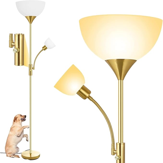 Torchiere Floor Lamps, LED Standing Lamp, 71" Tall Torch Floor Lamps with Reading Light, 3 Way Rotary Switch, White Plastic Shade,Bright Gold Modern Corner Lamp for Living Room Bedroom Office(No Bulb)