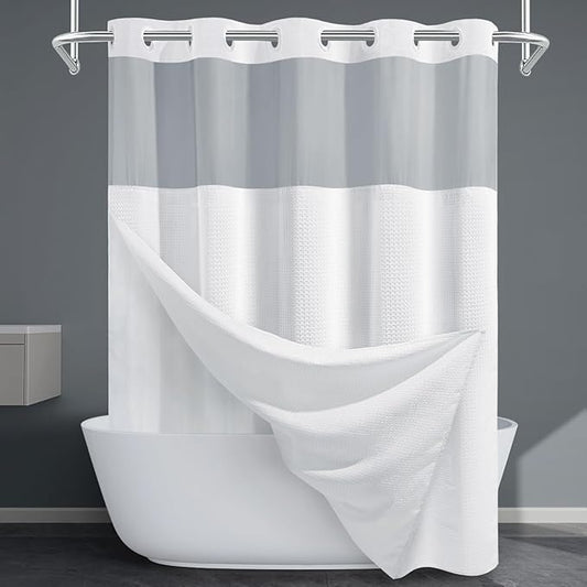 Long No Hook Shower Curtain with Snap in Liner,230GSM Waffle Weave Shower Curtains for Bathroom,71W x 80H(78"),White