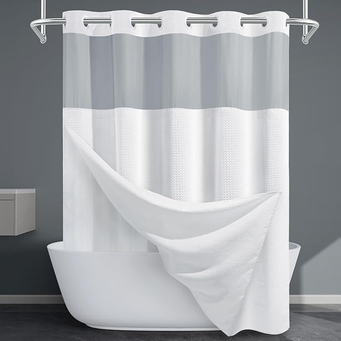 White Long No Hook Shower Curtain with Snap in Liner,230GSM Waffle Weave Shower Curtains for Bathroom,71W x 86H