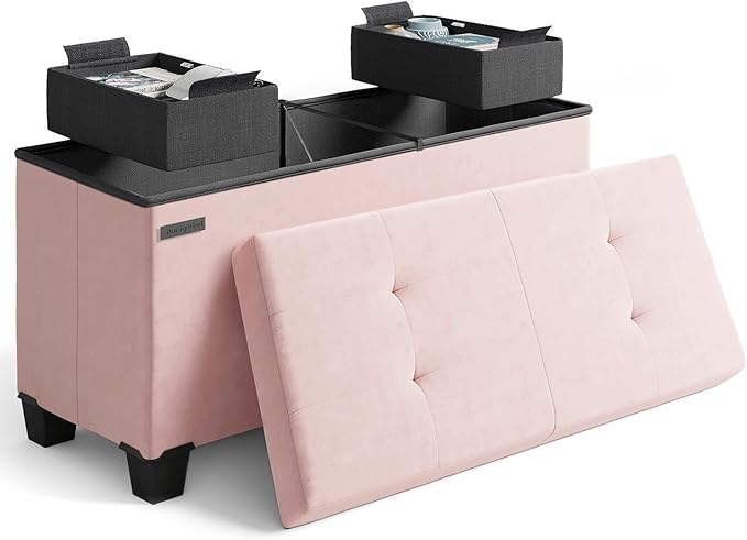 STORAGEBUD Storage Ottoman Bench with Bins, 30-in Storage Bench for Bedroom End of Bed, Folding Foot Rest Ottoman for Living Room Max 660lbs, Velvet Ottomans, Pink
