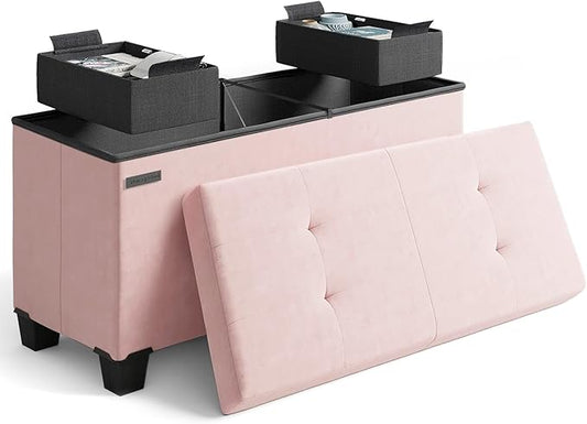 STORAGEBUD Storage Ottoman Bench with Bins, 30-in Storage Bench for Bedroom End of Bed, Folding Foot Rest Ottoman for Living Room Max 660lbs, Velvet Ottomans, Pink