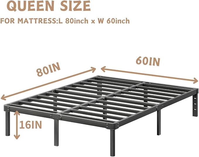ZIYOO 16 Inch Queen Size Metal Platform Bed Frame with Heavy-Duty Steel Slat Support, No Box Spring Needed, Under Bed Storage Space, Easy Assembly, Noise-Free, Sturdy & Durable, Black