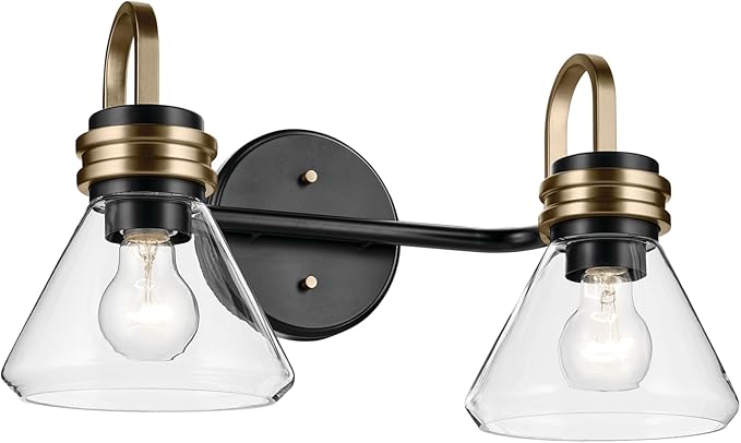 Kichler Farum 19.25" 2-Light Vanity Light with Clear Glass in Black, for Vanity, Jack & Jill Layout, Over a Mirror (19.25" W x 9.5" H), 55154BKCLR