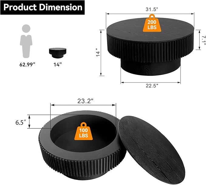 Round Coffee Table for Living Room,Fluted Drum Accent Tea Center Table with Storage,Circle Modern Coffee Tables for Small Space Office Apartment (31.5" L×31.5''W×14''H-Black)