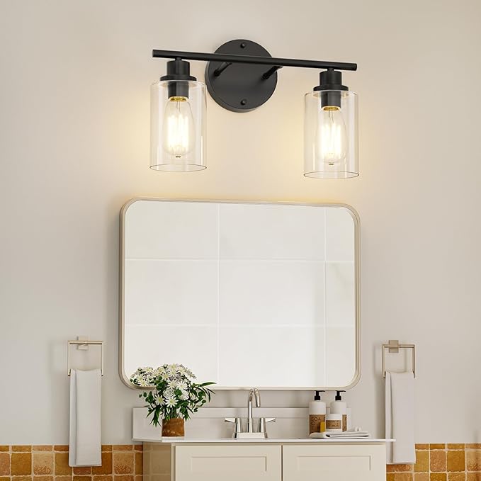 GORDNWE Modern Vanity Light - 2 Lights, Matte Black, E26 Bulb Base, Over Mirror, Farmhouse Style