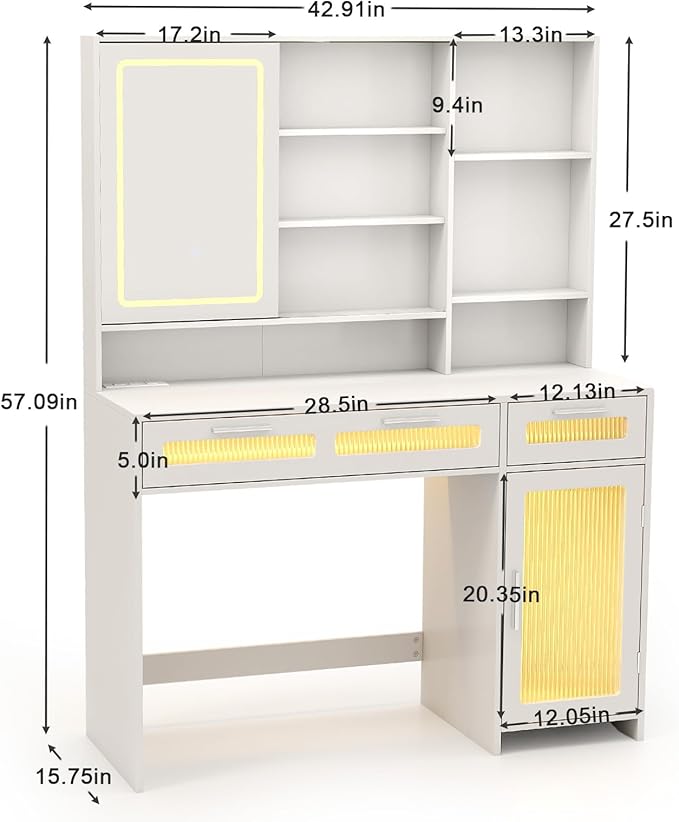 Hadulcet White Vanity Desk with Mirror and Lights, LED Vanity with Power Outlet, Makeup Vanity with 2 Drawers, 10 Storage Shelves and Acrylic Door Cabinet for Bedroom Dressing Room, 43”