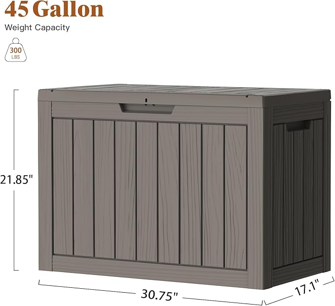 Outdoor Storage Box, 45 Gallon Waterproof Deck Box for Backyard Garden Tools, UV-Resistant Lockable Outside Storage Box for Patio Cushions, Package Delivery Box, Grey