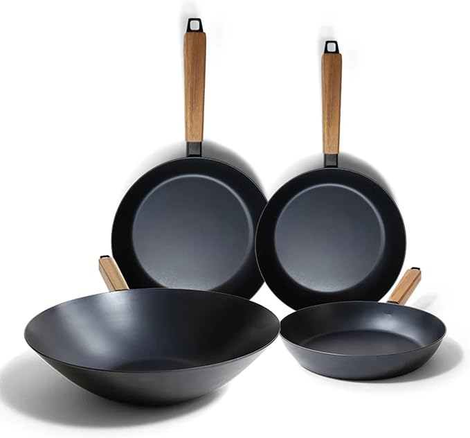 Alva Forest 4-Piece Blue Carbon Steel Pan & Wok Set – Pre-Seasoned, Natural Nonstick, PFAS/PFOA/PTFE-Free – Healthy, Non-Toxic Cookware for All Stovetops & BBQ