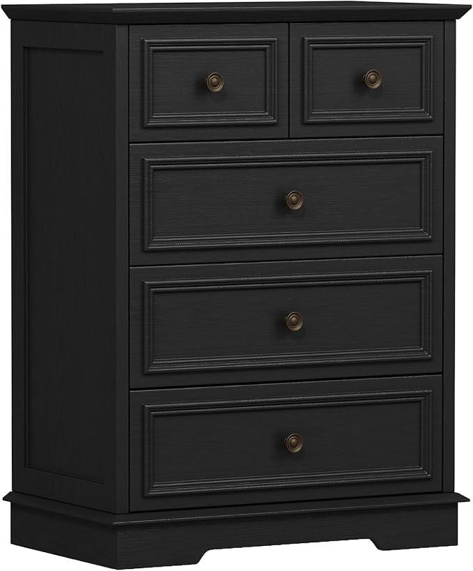 5 Drawer Dresser for Bedroom, Black Wooden Dresser and Chest of Drawers with Metal Handle, Bedroom Drawer Dressers for Living Room, Entryway, Hallway