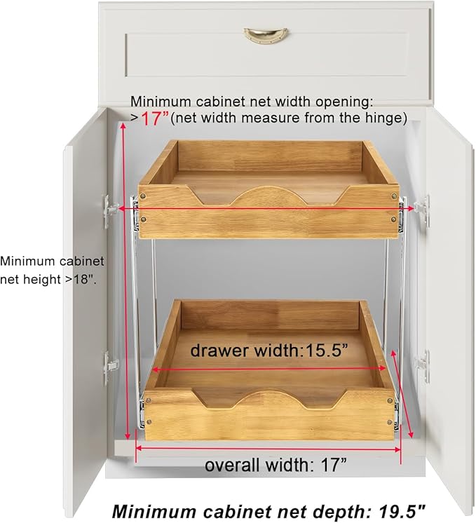 DINDON 2 Tier Wood Pull Out Cabinet Organizer (17" W x 18" D) Heavy-Duty Metal Sliding Drawer Shelf, Two Tier Pull Out Shelves for Kitchen Cabinets, Pantry, Bathroom…