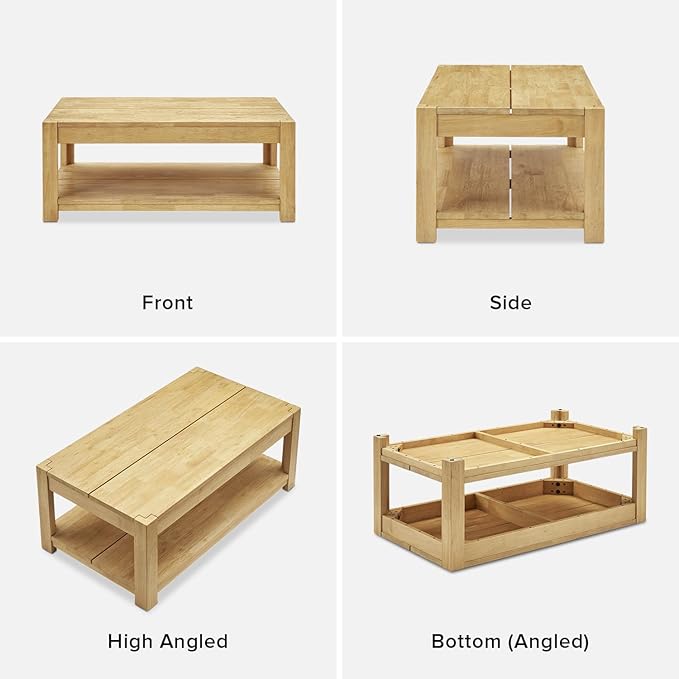 mopio Logan Solid Wood 2-Tier Rectangle Coffee Table, Modern Farmhouse Solid Rubberwood with Light Wire Brush L Shaped Leg Joint