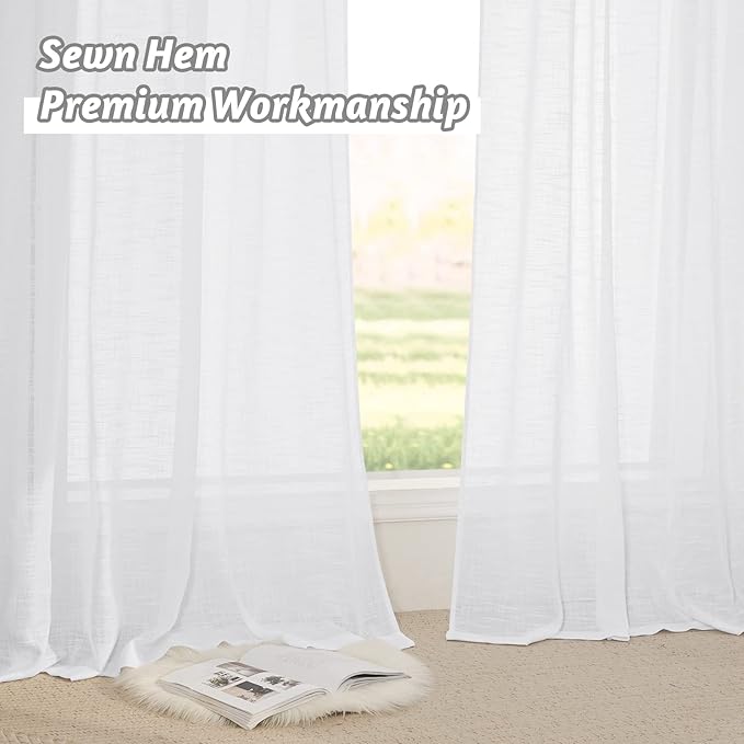 RYB HOME Semi Sheer Curtains - Privacy Linen Curtains Light Filtering Loose Weave Soft Drapes for Bedroom Living Room Bathroom Window Decor, White, 34 inch Wide x 63 inch Long, 1 Pair