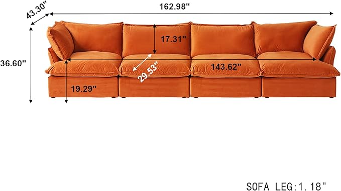 JACH Modular Sectional Couches for Living Room, 162" Deep 4 Seater Sectional Sofa, Cushion Covers Removable, Two Corners and Two Middle, Sofas Furniture for Living Room, Orange