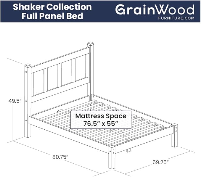 Grain Wood Furniture Shaker Solid Wood Panel Platform Bed, Full Size, Cherry