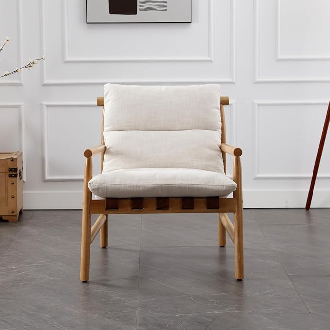 Modern Accent Chair Upholstered Armchair - Solid Wood Lounge Chair with Removable Cushion, Low Back Reading Chair for Living Room/Bedroom/Balcony, Beige Linen Sofa Chair (Easy Assembly)