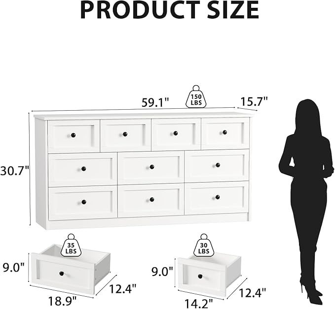 59.1" Wide Dressers & Chests of Drawers with Large Capacity Storage, Large Wooden Storage Organizer 10 Drawer Dresser for Bedroom（White）