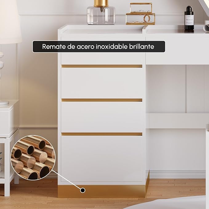 homary Vanity Desk Set with LED Mirror, Makeup Vanity with Power Outlet and Tempered Glass Top, Makeup Table with 6 Drawers, 3 Lighting Modes Vanity Table with Chair for Bedroom (White)