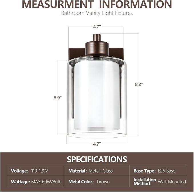 2 Pack Bath Vanity Light Fixtures, Modern Indoor Wall Scone Lighting with Dual Glass Shade, Oil Rubbed Bronze Wall Lamp for Bedroom Mirror Kitchen Living Room Entryway