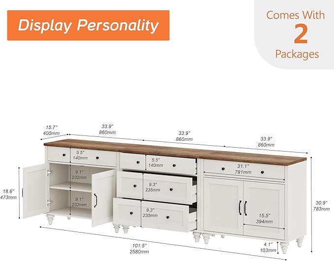 WAMPAT Farmhouse TV Stand for 100 Inch TV, 3-in-1 TV Console Table for 75/80/85/90 Inch TV, Entertainment Center with 5 Drawers and 4 Doors, Kitchen Sideboard Buffet Cabinet for Dining Room, White