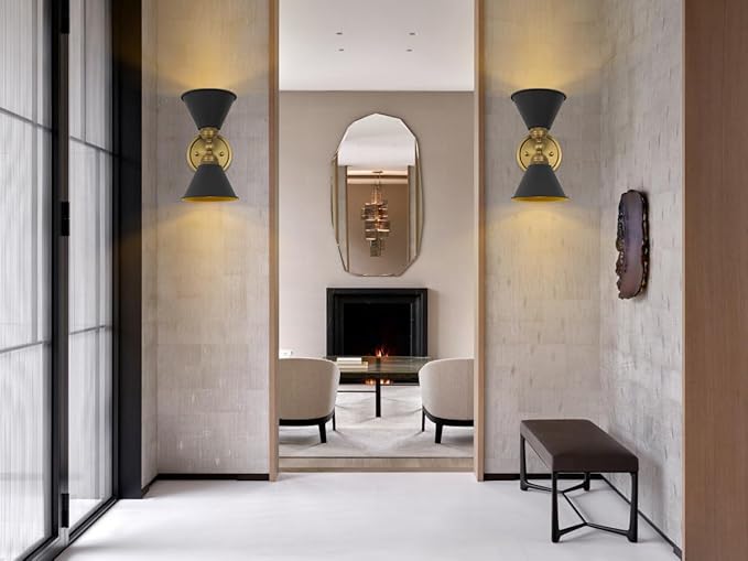 HEQIQEH Set of 2 Vintage Battery Operated 2-Lights Wall Sconces, Indoor Up and Down Wall Light Fixtures with Remote Control, Dimmable Cordless Wall Lamps for Hallway, Living Room, Stairs