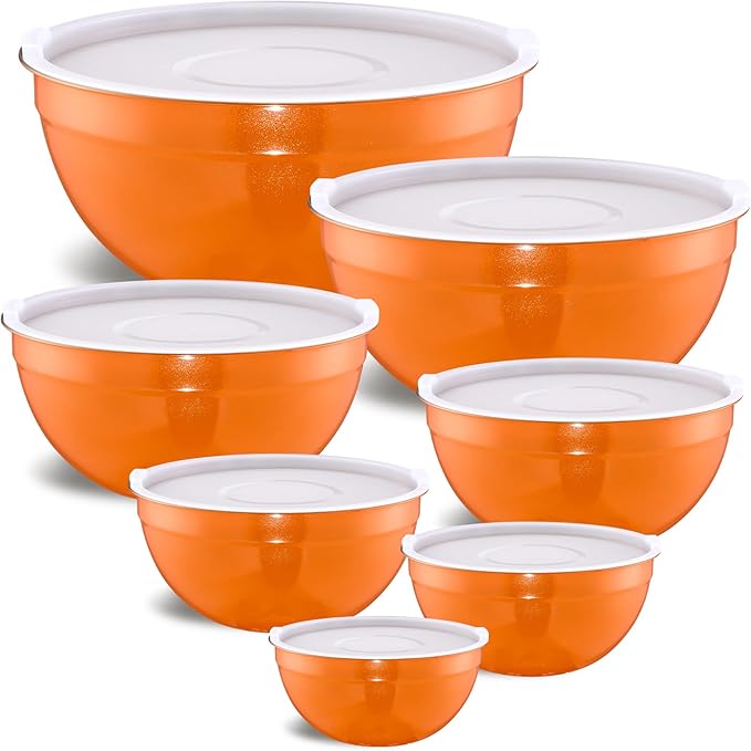 Orange Mixing Bowls with Airtight Lids, Stainless Steel Nesting Mixing Bowls Set of 7, Ideal for Baking, Prepping and Serving Food, Size 7, 3.6, 2.7, 2.1, 1.5, 1.1,0.8 QT, Stackable Design