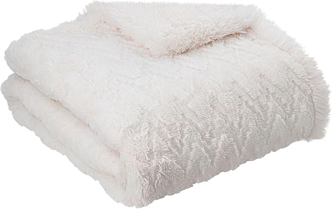 Mon Chateau Premium Reversible Queen Size Luxury Faux Fur Throw for Couch, Sofa, or Queen Size Bed - Plush Cozy Soft Blanket for Sleeping or Home Décor, 60" x 70" (Ivory Jacquard)