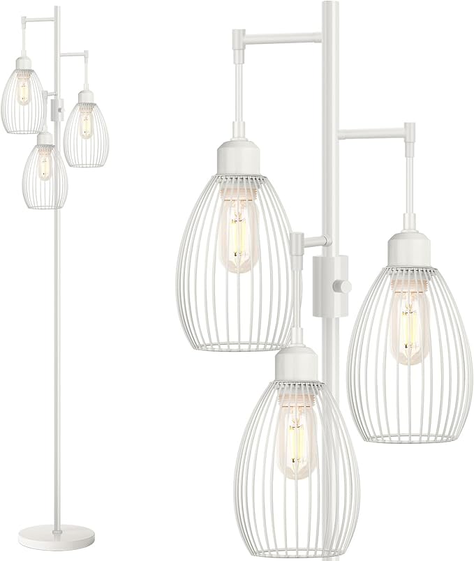 Dimmable Floor Lamp, 3 x 800LM LED Edison Bulbs Included, Farmhouse Industrial Floor Lamp Standing Lamp with Elegant Teardrop Cage Head Tall Lamp for Living Room Bedroom Office Dining Room - White