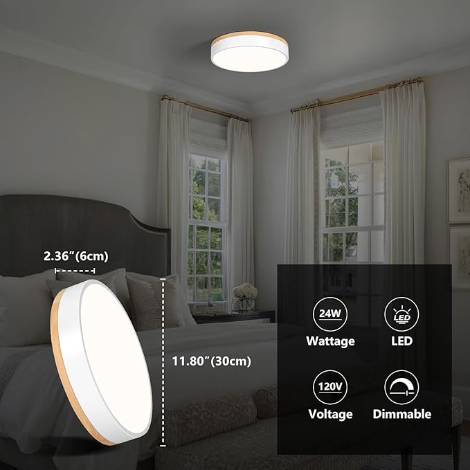 Modern Dimmable LED Close to Ceiling Light Minimalist Wood Oak Flush Mount Ceiling Light Fixture with Lampshade for Bedroom Living Room Bathroom Laundry Room (White-Dimmable, 11.8''/30cm)