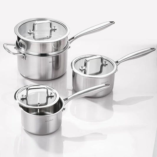 DELARLO Kitchen Pot Set, Tri-Ply Stainless Steel Saucepan Set, 1.0QT 2QT 3.5QT, Cooking Set, Fast Even Heat, Saucepan set Compatible with all Cooktops 600℉（Lids 300℉） 3.5QT Pot with a Steamer