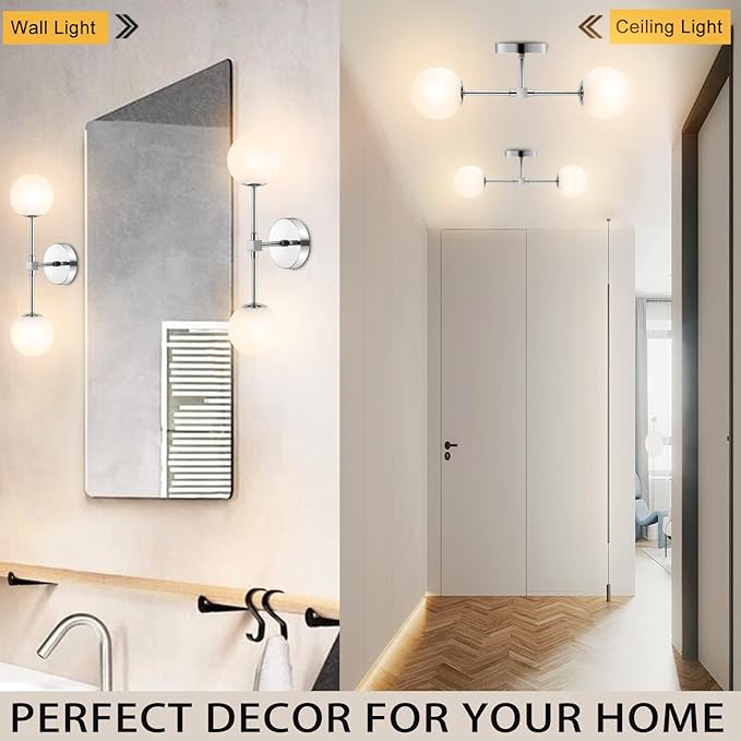 Modern Wall Sconce 2-Lights Industrial Mid Century Bathroom Vanity Wall Light with White Globe Glass Lampshade Brushed Chrome Finished Lighting Fixture (Chrome Color)